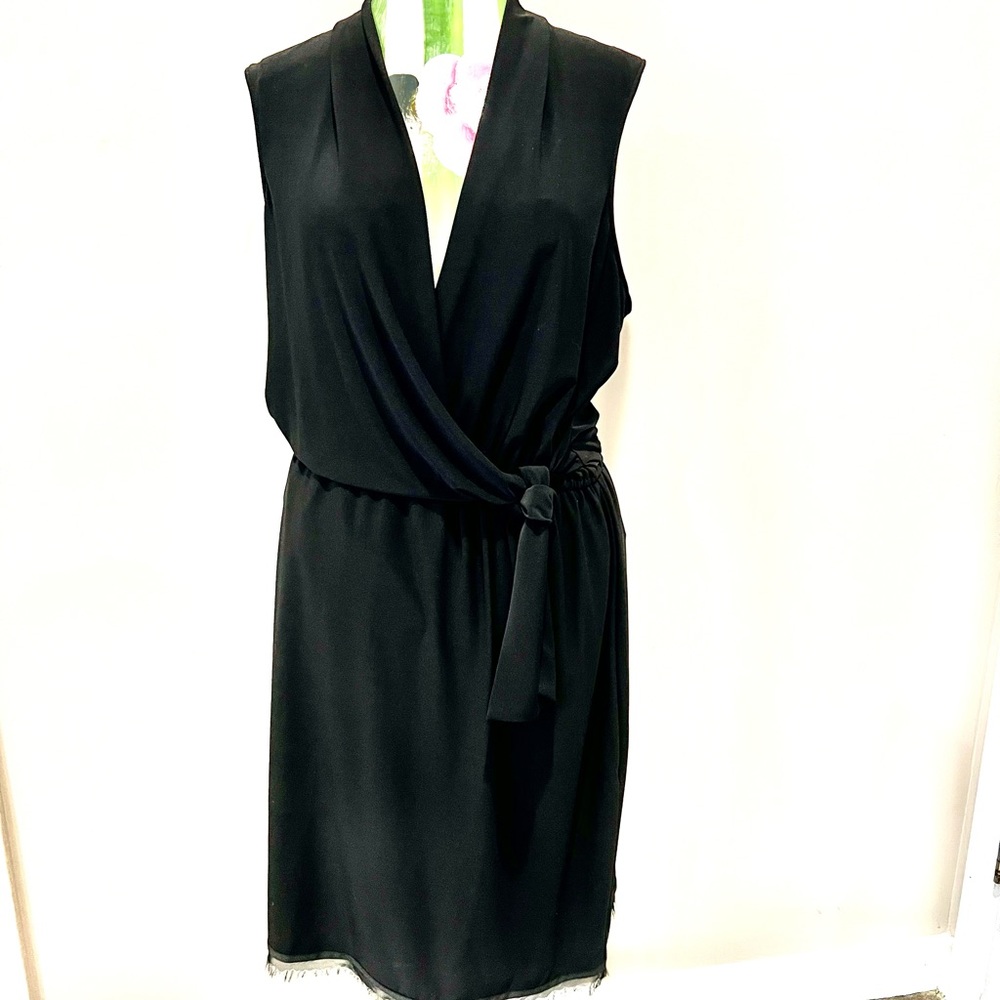 TAHARI LBD faux wrap with eyelash lace trim in stretch fabric